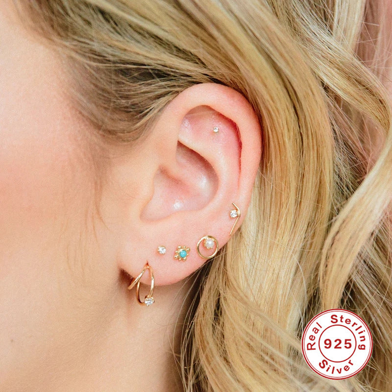 S925 Sterling Silver Layered C- Shaped Pave Claw Set Double Earrings