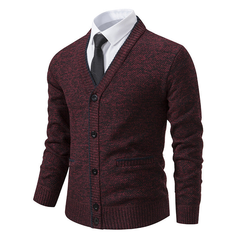 Casual Fleece-lined Cardigan Long Sleeve Youth Stand Collar Sweater Men&