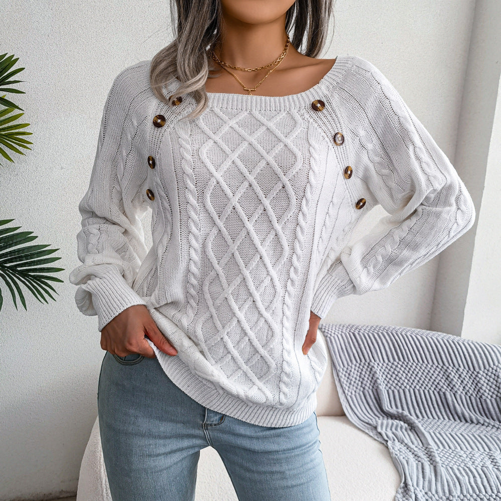 Square Neck Knitted Sweater With Button Design Winter Warm Long Sleeve Tops Women&