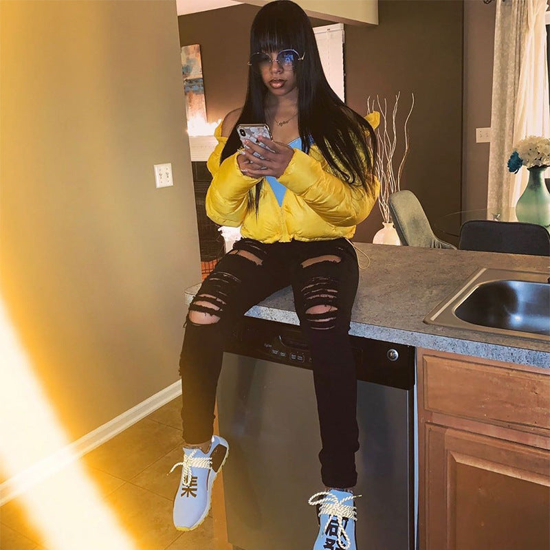 Fashion Short Coat Winter Warm Long-sleeved Stand Collar Zipper Bread Cotton Coat With Drawstring Design Women&