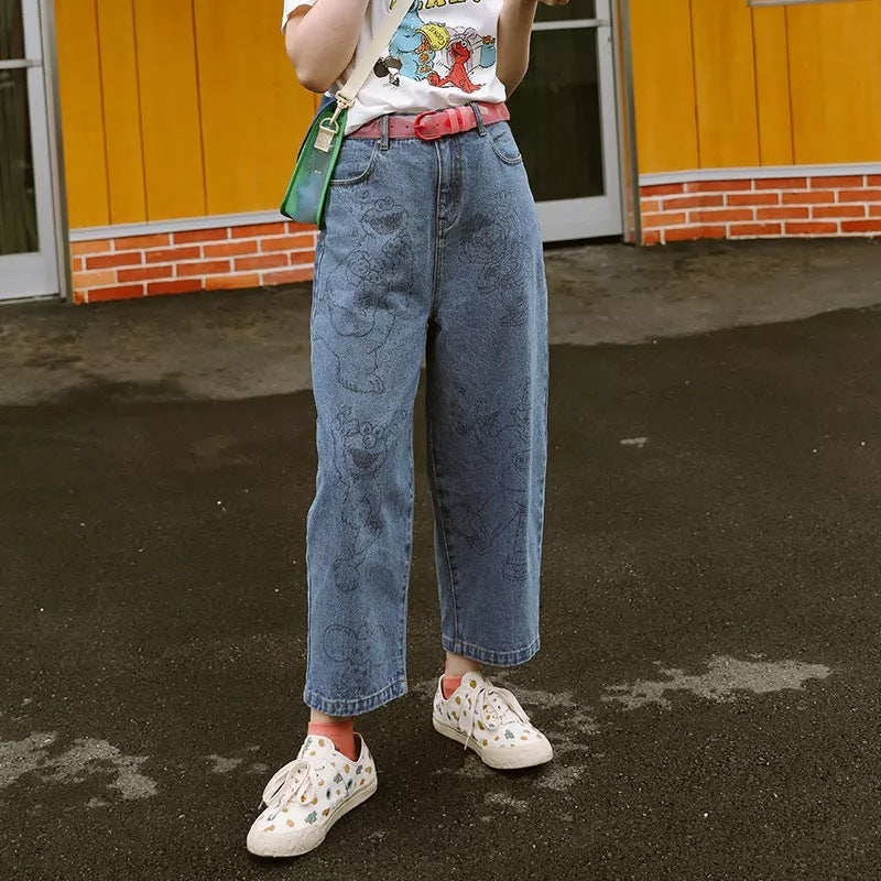 Automne Nouvelles Femmes De Mode Jeans Pleine Longueur Zipper Cartoon Ours Imprimer Jambe Large Pantalon Femme Denim Pantalon Preppy Style