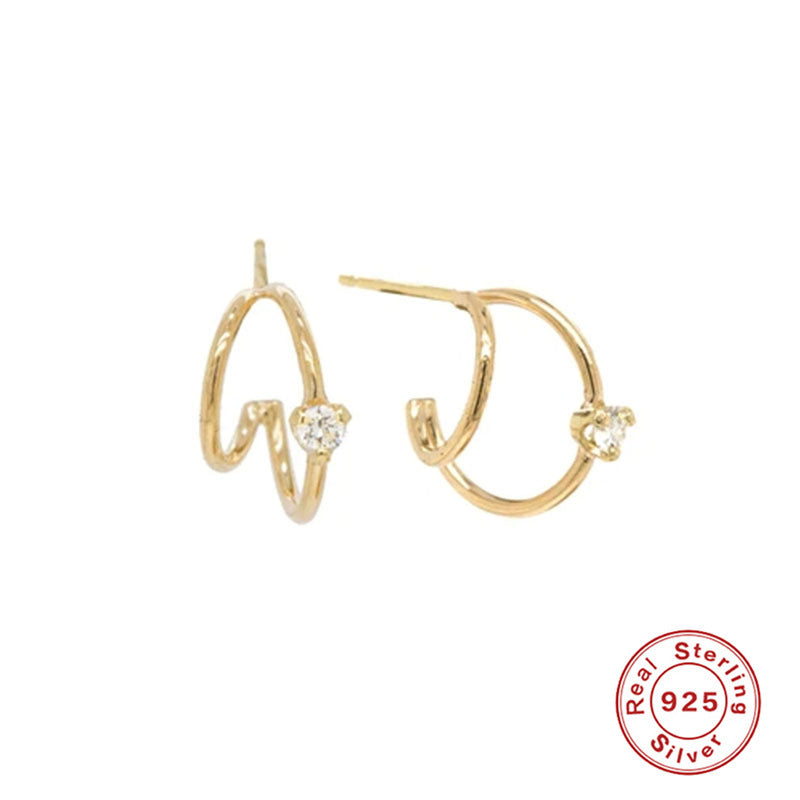 S925 Sterling Silver Layered C- Shaped Pave Claw Set Double Earrings