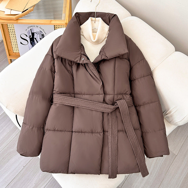 Winter Plaid Sewing Lapel Coat With Lace-up Design Fashion Loose Solid Thick Jacket Outerwear Women&