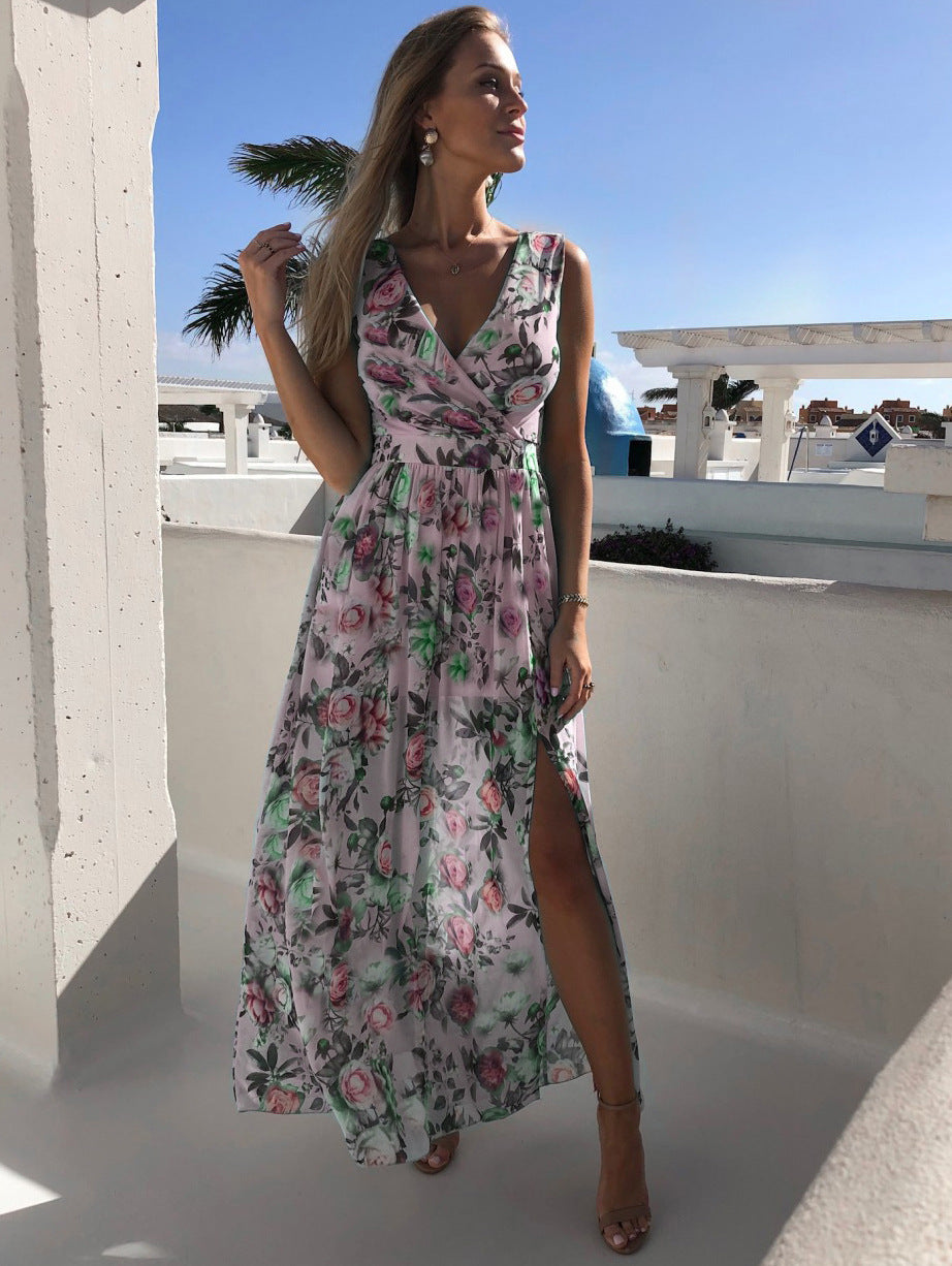 Printed chiffon split V-neck dress