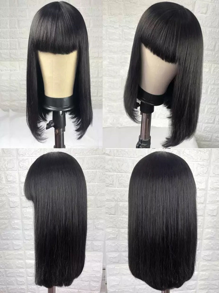Brazilian Straight Black 100% Real Hair 30-Inch Long Bangs Wig
