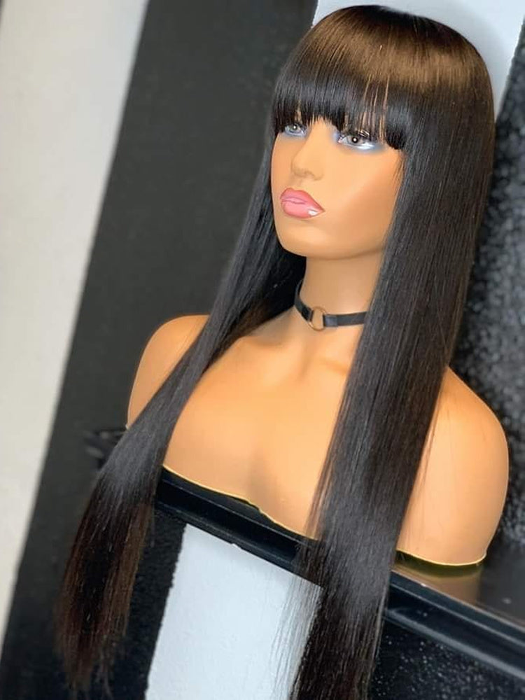 Brazilian Straight Black 100% Real Hair 30-Inch Long Bangs Wig