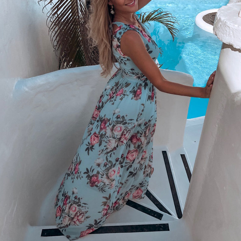 Printed chiffon split V-neck dress