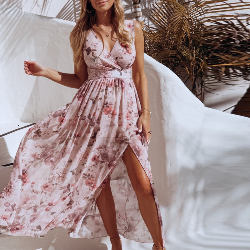 Printed chiffon split V-neck dress