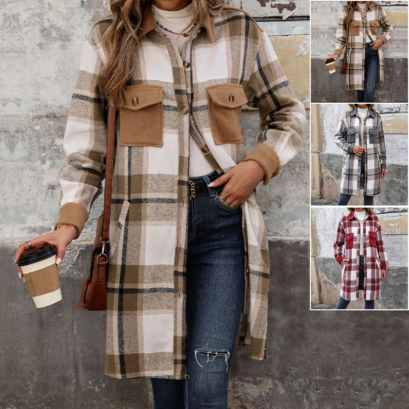 New Brushed Plaid Long Coat With Pockets Fashion Winter Jacket Outwear Women&
