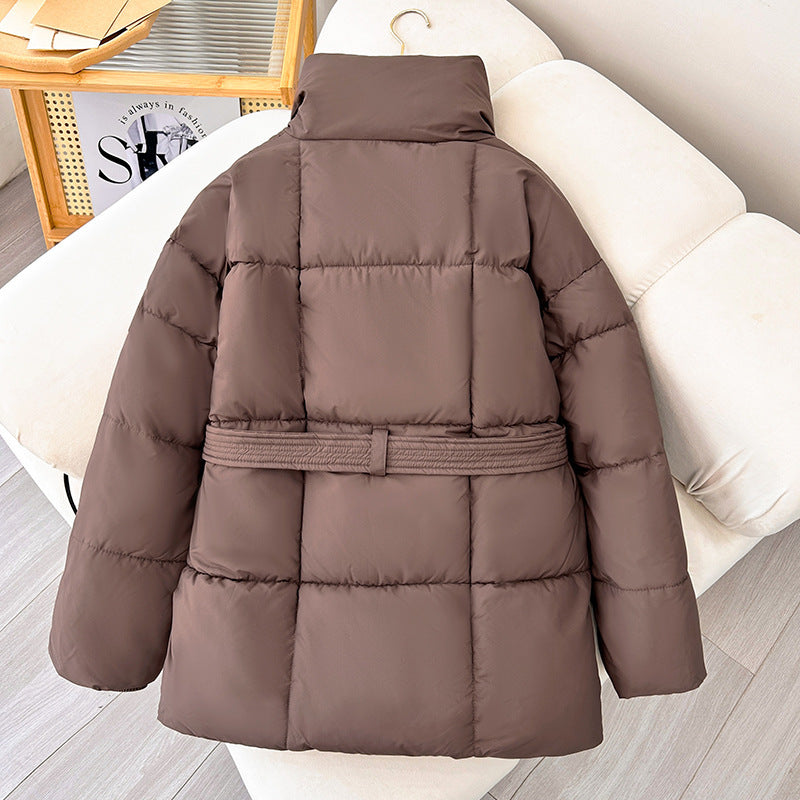 Winter Plaid Sewing Lapel Coat With Lace-up Design Fashion Loose Solid Thick Jacket Outerwear Women&