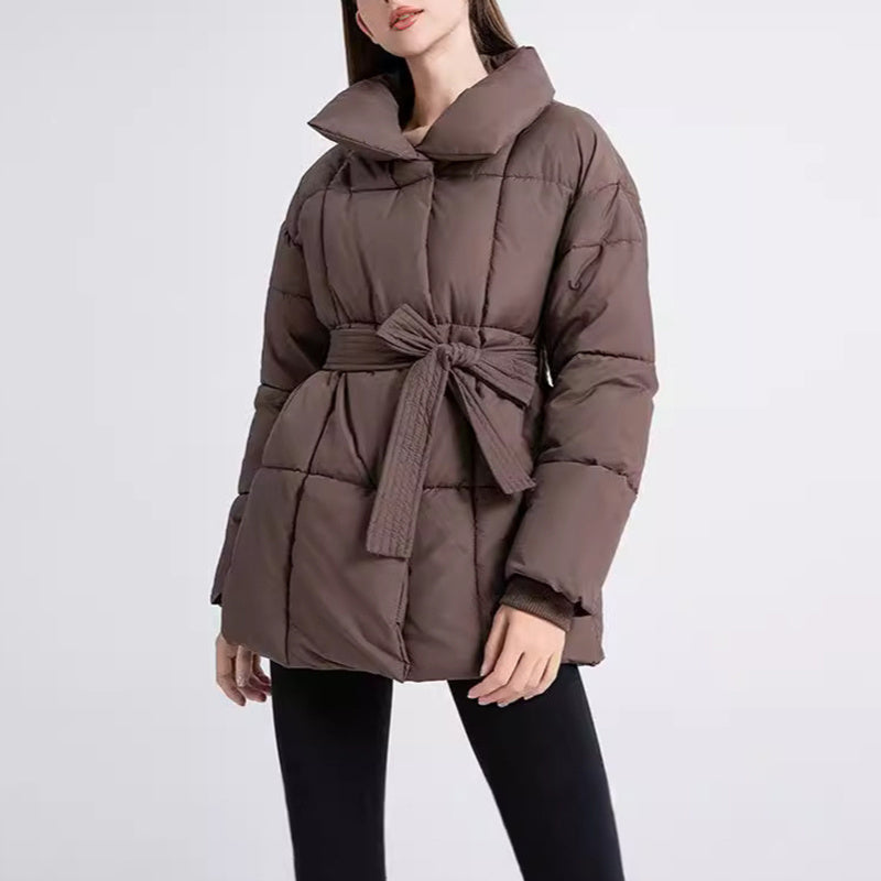 Winter Plaid Sewing Lapel Coat With Lace-up Design Fashion Loose Solid Thick Jacket Outerwear Women&
