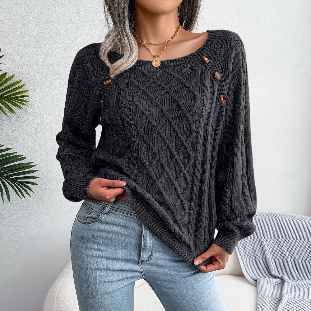 Square Neck Knitted Sweater With Button Design Winter Warm Long Sleeve Tops Women&
