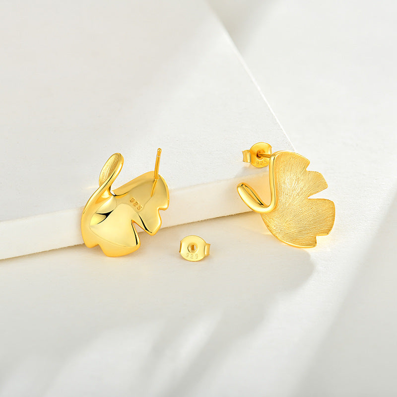 925 Sterling Silver Stud Earrings Female Plated 14k Gold Premium Sense Of Niche Design Ginkgo Biloba National Style Silver Jewelery