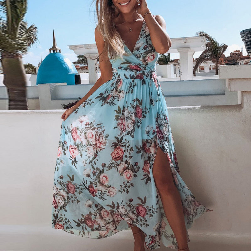 Printed chiffon split V-neck dress