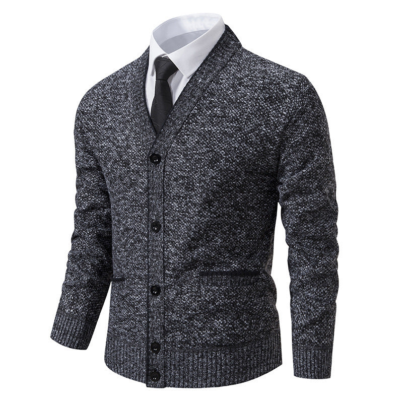 Casual Fleece-lined Cardigan Long Sleeve Youth Stand Collar Sweater Men&