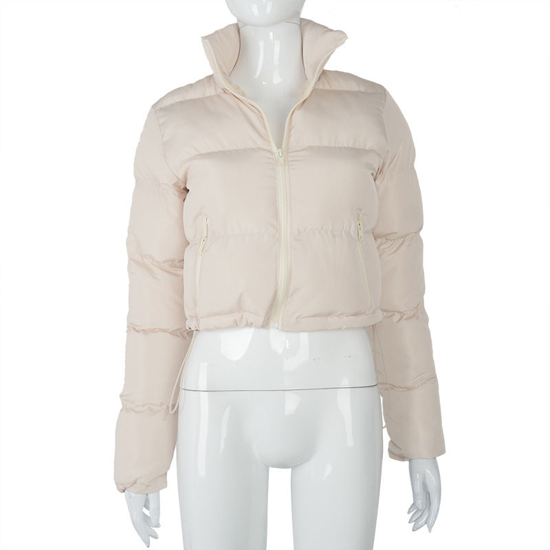 Fashion Short Coat Winter Warm Long-sleeved Stand Collar Zipper Bread Cotton Coat With Drawstring Design Women&