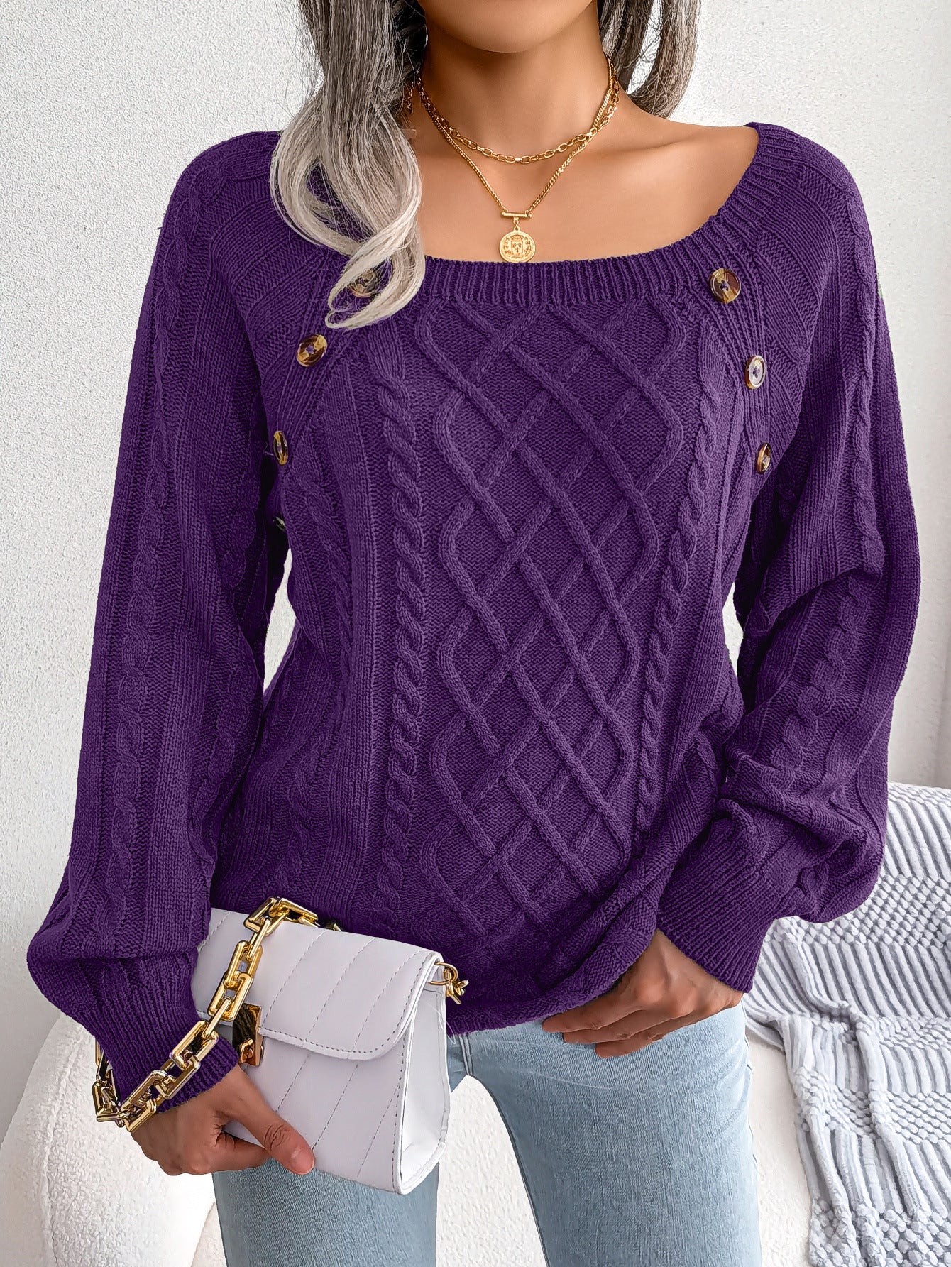 Square Neck Knitted Sweater With Button Design Winter Warm Long Sleeve Tops Women&