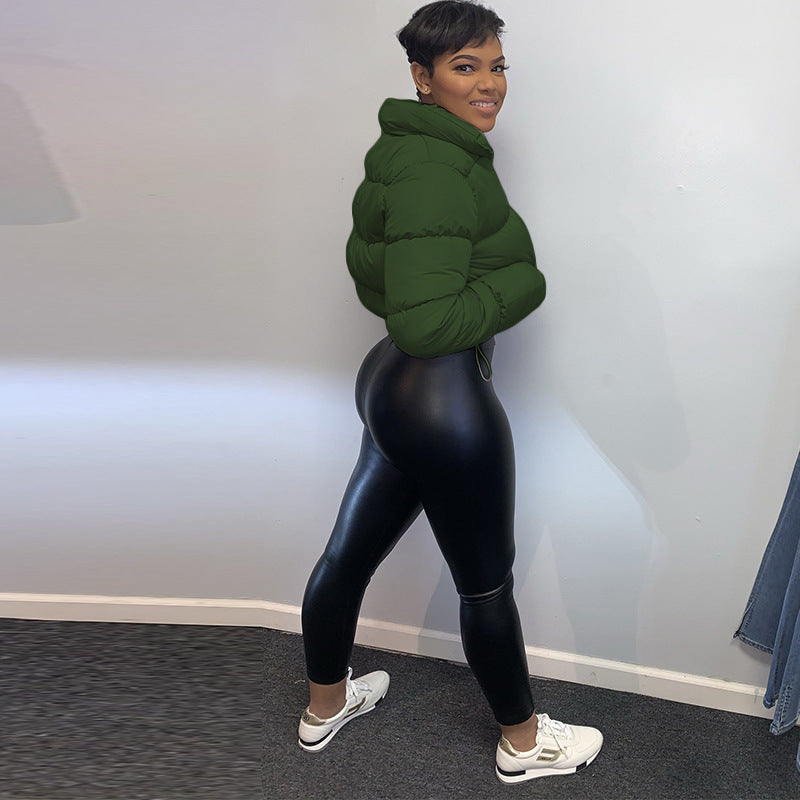 Fashion Short Coat Winter Warm Long-sleeved Stand Collar Zipper Bread Cotton Coat With Drawstring Design Women&