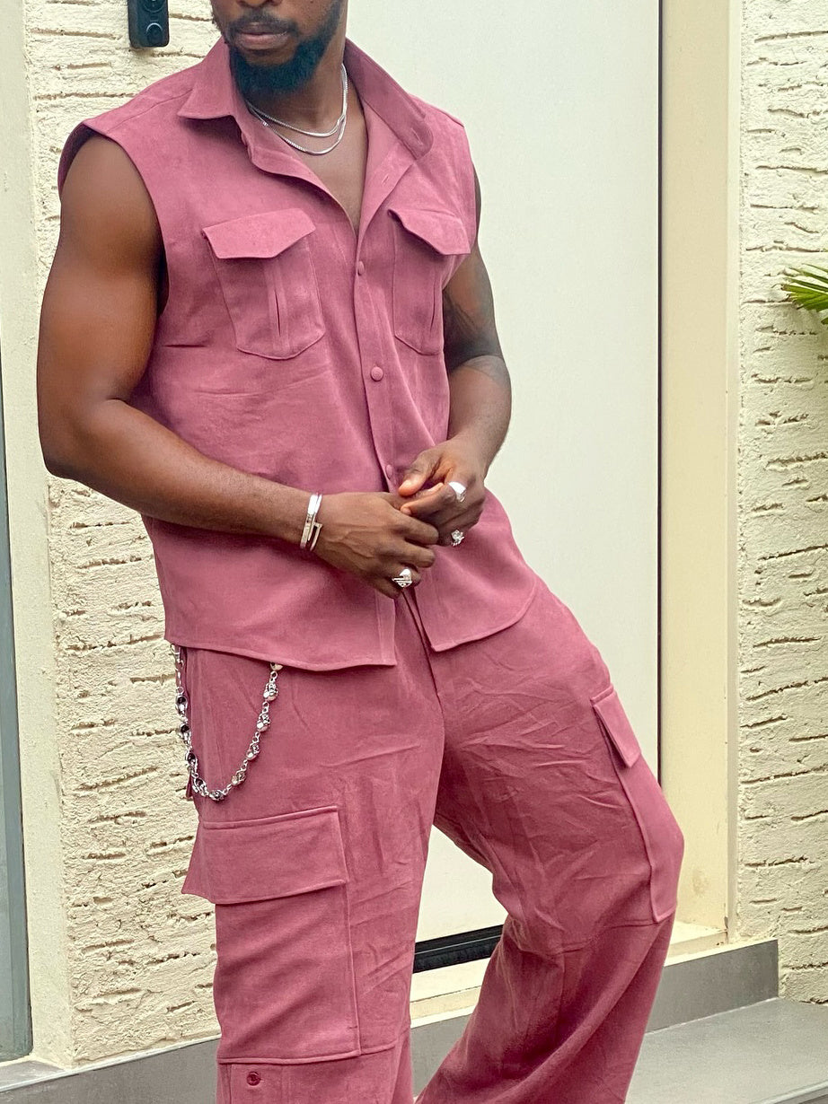 Sleeveless Button - Up Shirt And Cargo Pants Set