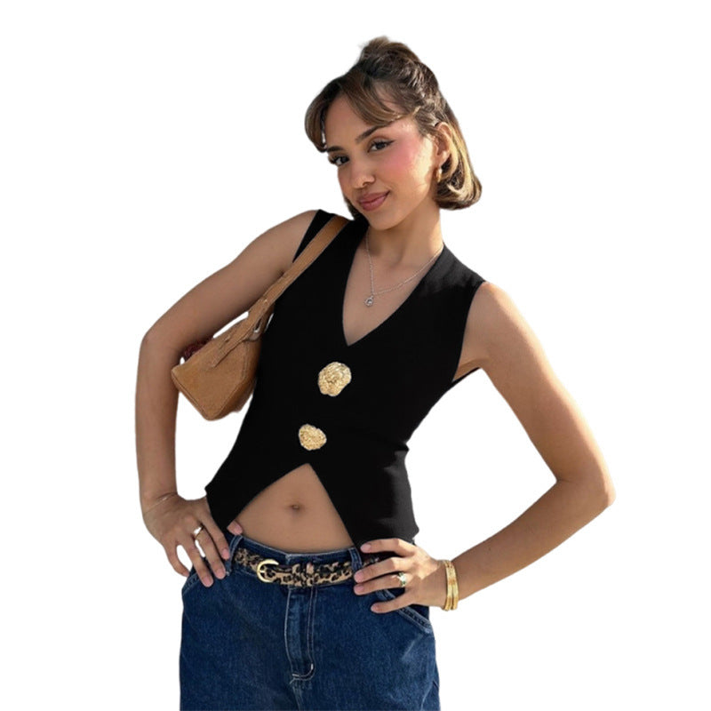 European And American Elegant Metal Fastener Decoration V-neck Sexy Cropped Tank Top