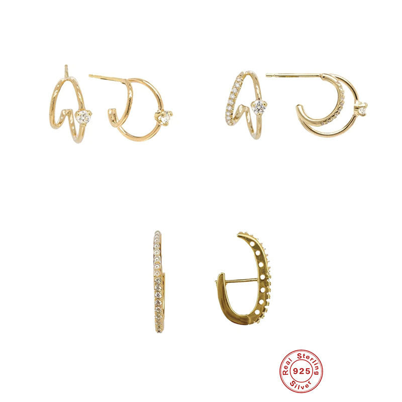 S925 Sterling Silver Layered C- Shaped Pave Claw Set Double Earrings