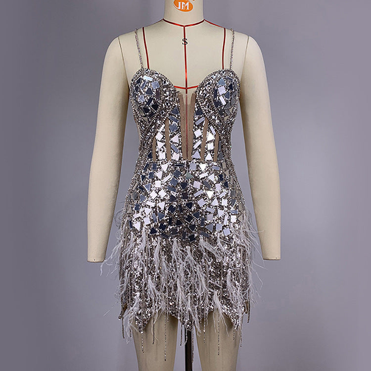 Female Summer Sequins Feather Tassel Backless Dress