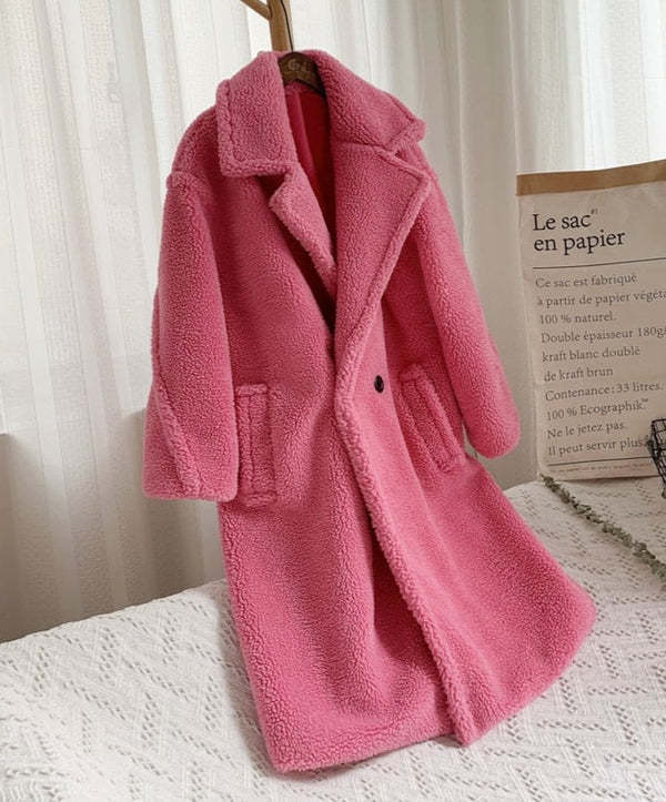 Lapel Lamb Fleece Coat With Pockets Faux Fur Coat Winter Warm Thickening Long Windbreaker Women&