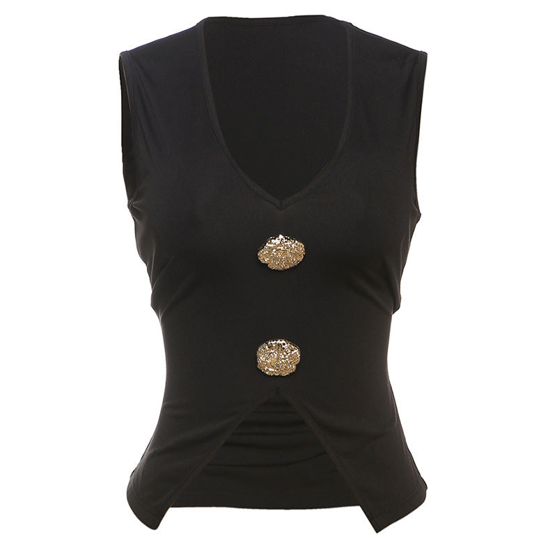 European And American Elegant Metal Fastener Decoration V-neck Sexy Cropped Tank Top