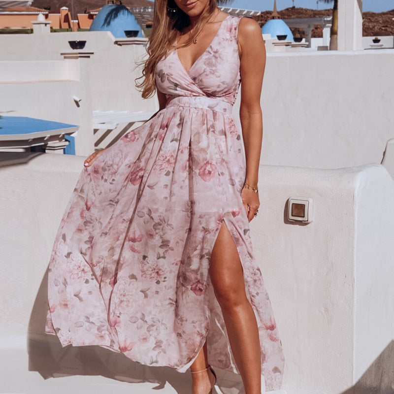 Printed chiffon split V-neck dress