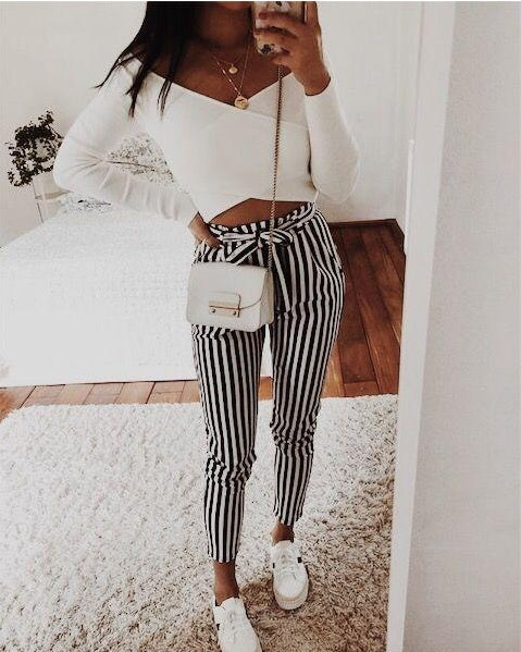 Autumn Winter women casual mid waist pants black striped bow tierricdress