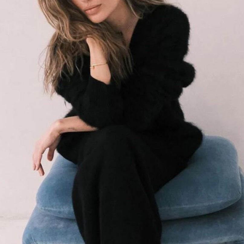 Loose V-neck Button Cardigan Fall Winter Fashion Single Breasted Knitted Sweater Top Women&