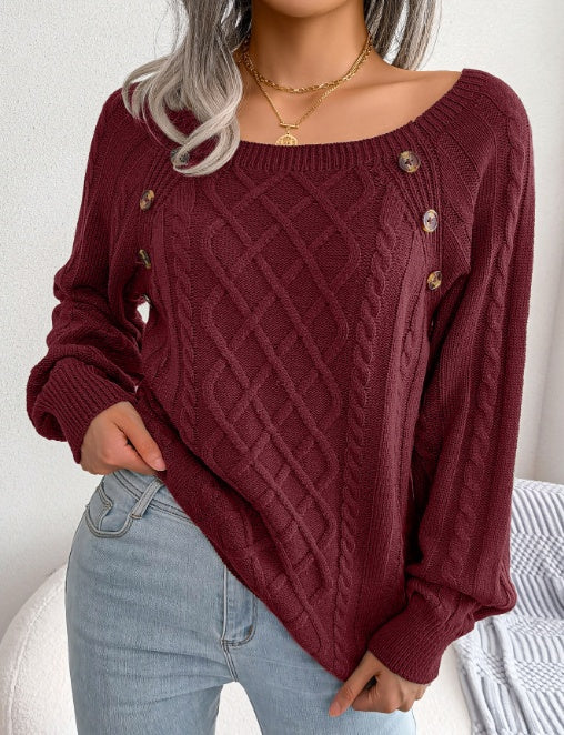 Square Neck Knitted Sweater With Button Design Winter Warm Long Sleeve Tops Women&