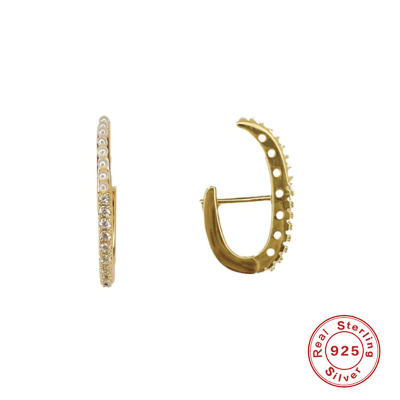 S925 Sterling Silver Layered C- Shaped Pave Claw Set Double Earrings