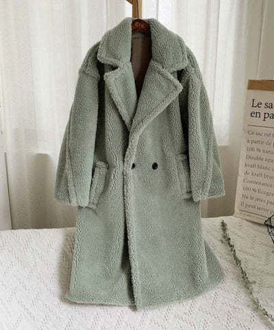 Lapel Lamb Fleece Coat With Pockets Faux Fur Coat Winter Warm Thickening Long Windbreaker Women&