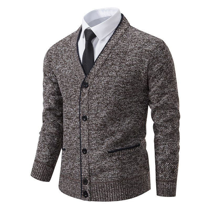 Casual Fleece-lined Cardigan Long Sleeve Youth Stand Collar Sweater Men&
