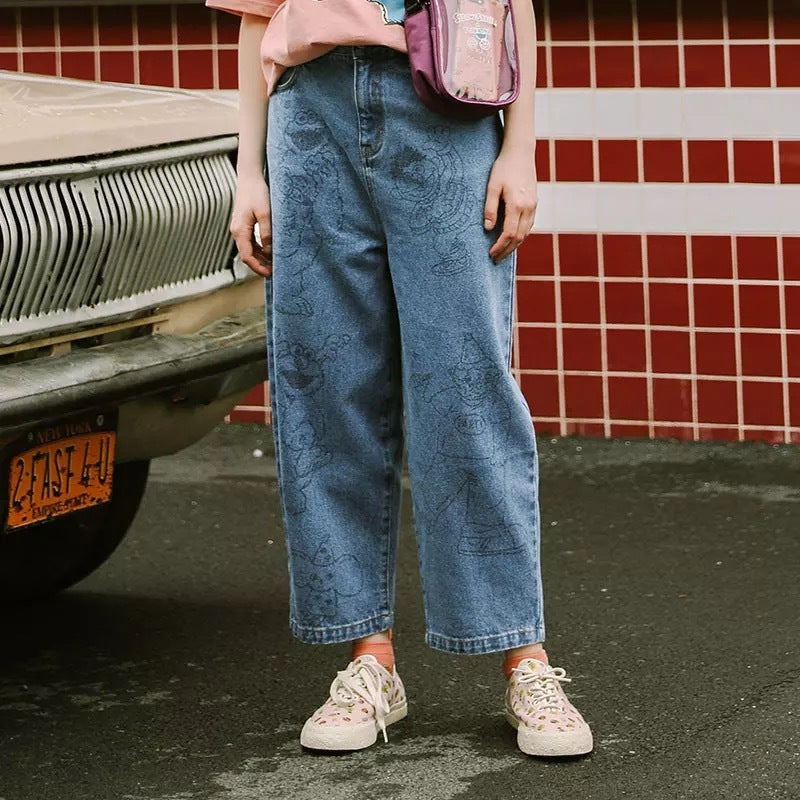 Automne Nouvelles Femmes De Mode Jeans Pleine Longueur Zipper Cartoon Ours Imprimer Jambe Large Pantalon Femme Denim Pantalon Preppy Style