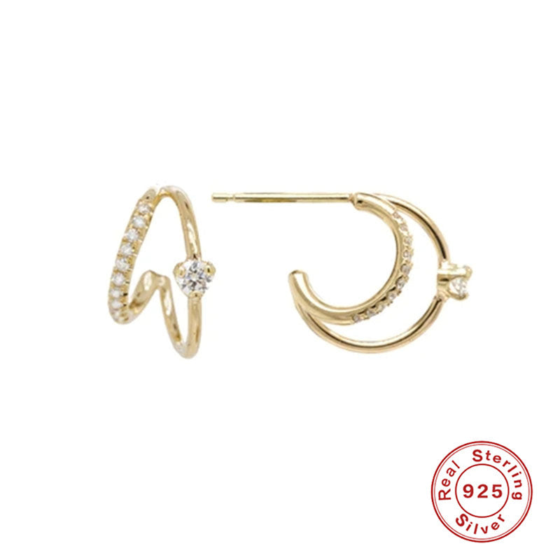 S925 Sterling Silver Layered C- Shaped Pave Claw Set Double Earrings