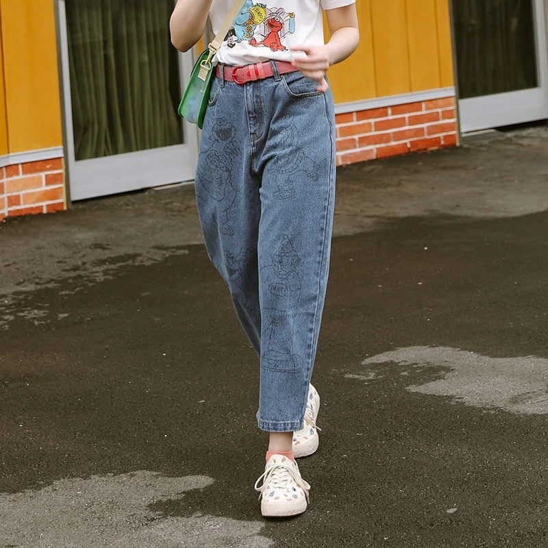 Automne Nouvelles Femmes De Mode Jeans Pleine Longueur Zipper Cartoon Ours Imprimer Jambe Large Pantalon Femme Denim Pantalon Preppy Style