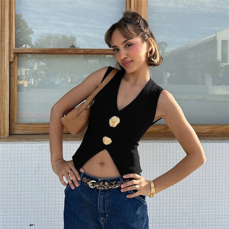 European And American Elegant Metal Fastener Decoration V-neck Sexy Cropped Tank Top