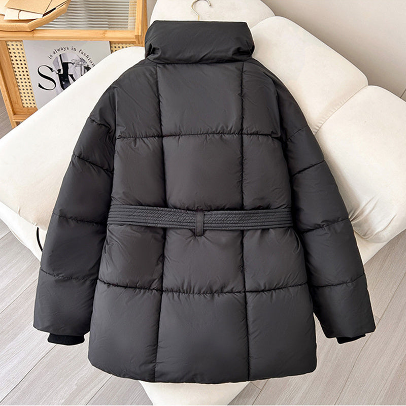 Winter Plaid Sewing Lapel Coat With Lace-up Design Fashion Loose Solid Thick Jacket Outerwear Women&
