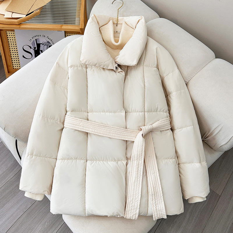 Winter Plaid Sewing Lapel Coat With Lace-up Design Fashion Loose Solid Thick Jacket Outerwear Women&