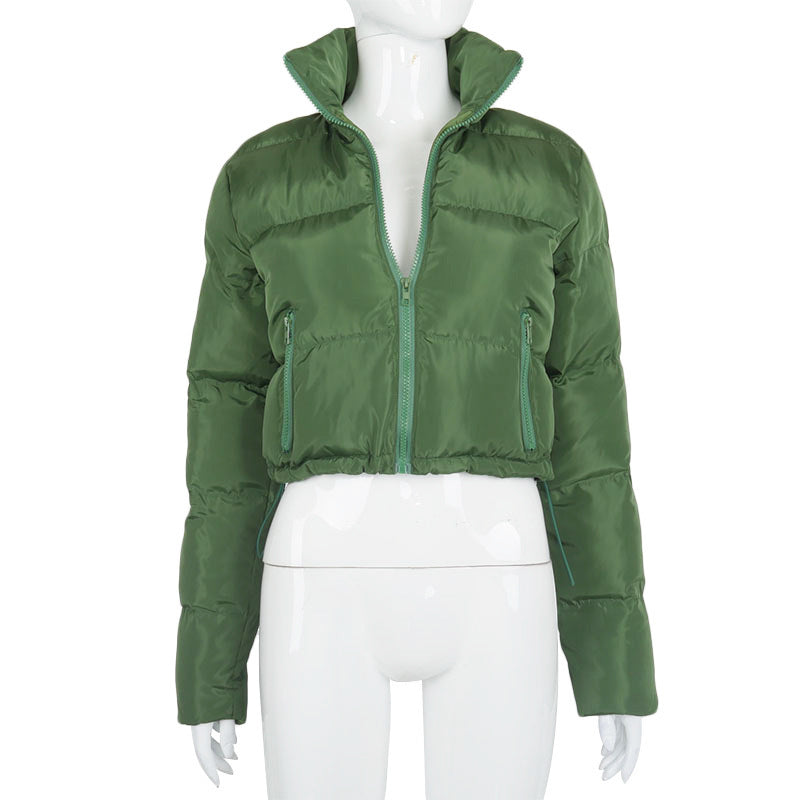 Fashion Short Coat Winter Warm Long-sleeved Stand Collar Zipper Bread Cotton Coat With Drawstring Design Women&