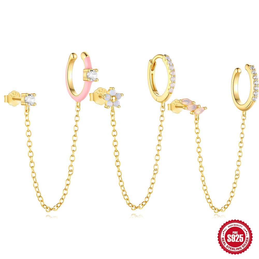 New S925 Pure Silver Powder Horse Eye Opal Drop Powder Oil Five Petal Flower