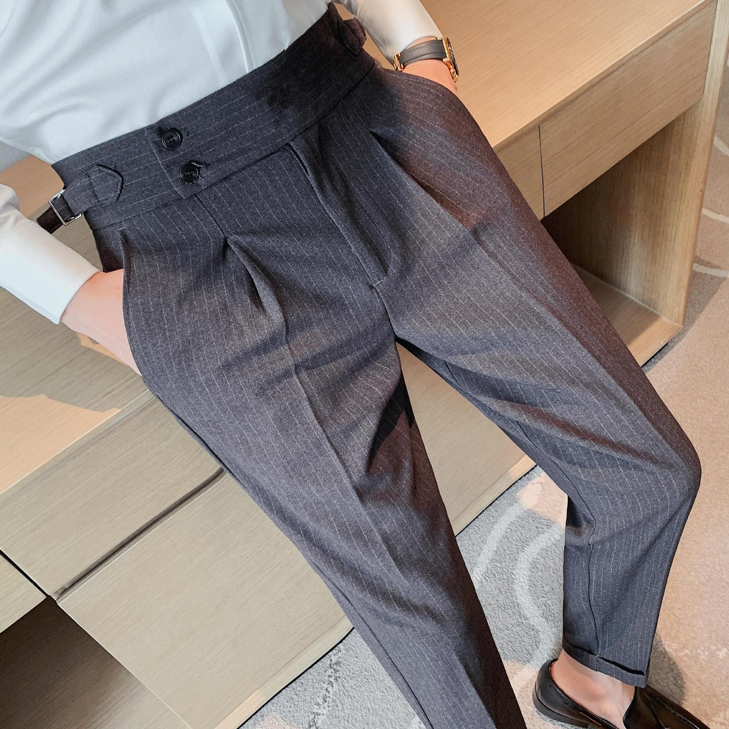 High-waisted Trousers Striped Casual Men