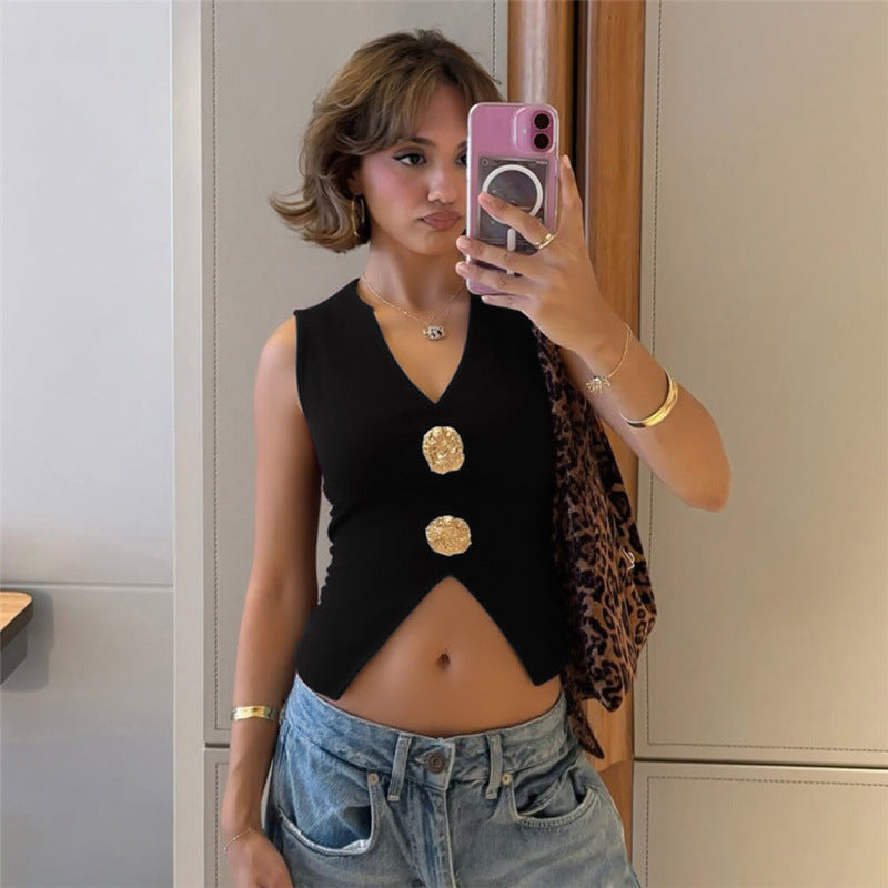 European And American Elegant Metal Fastener Decoration V-neck Sexy Cropped Tank Top