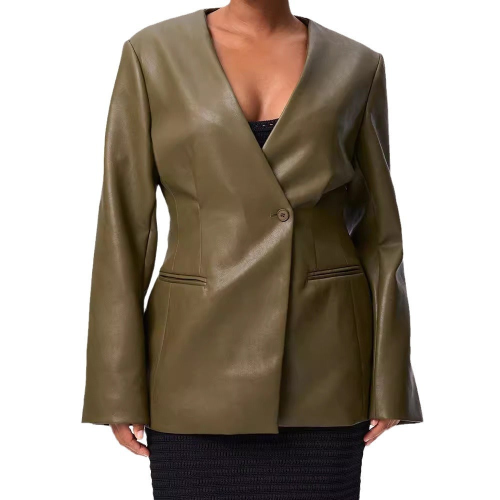 Fashionable Elegant Green V-neck Slim Suit Leather Coat