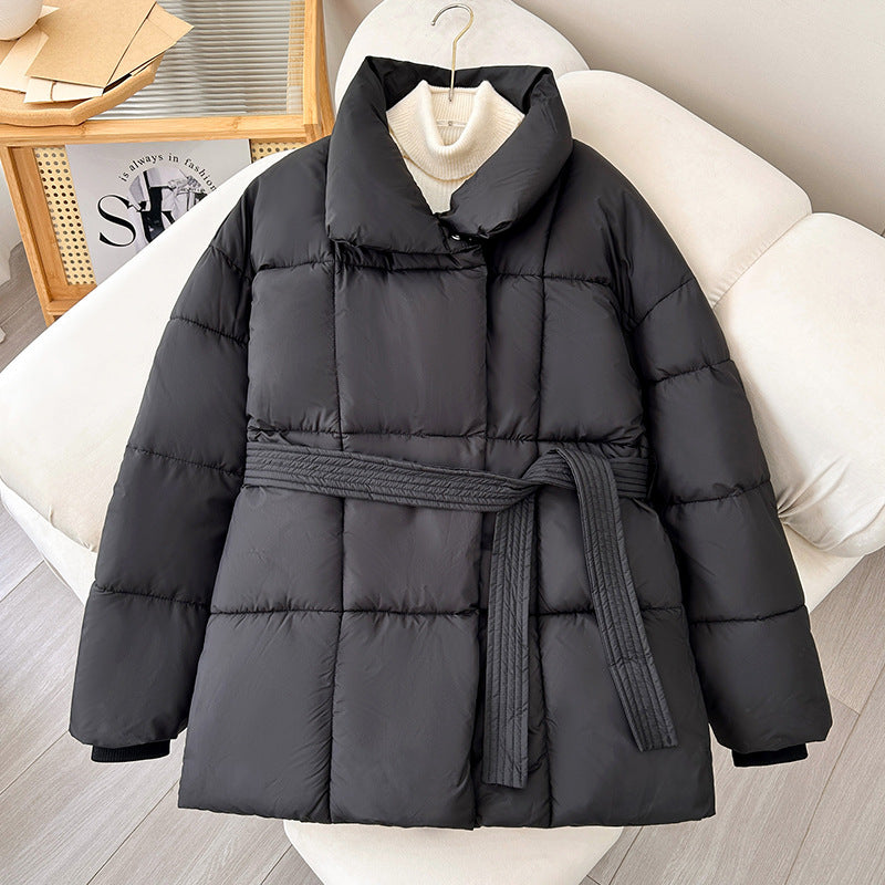 Winter Plaid Sewing Lapel Coat With Lace-up Design Fashion Loose Solid Thick Jacket Outerwear Women&