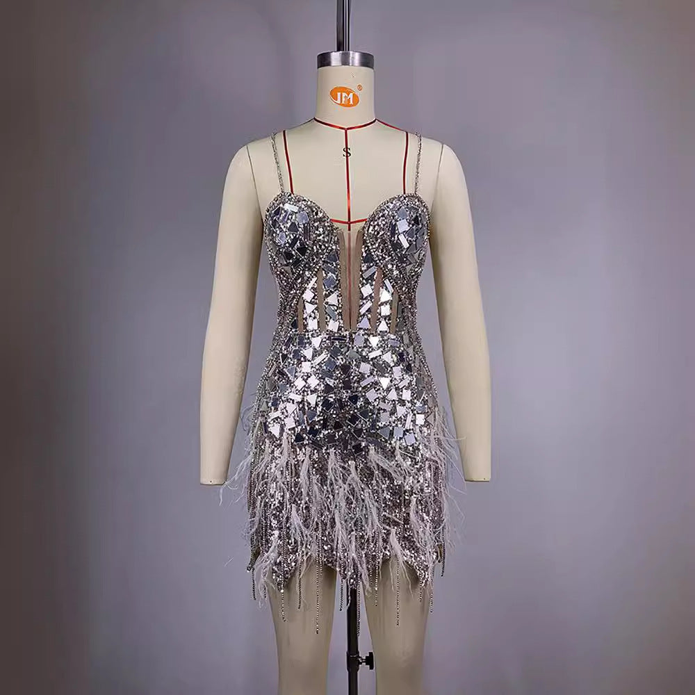 Female Summer Sequins Feather Tassel Backless Dress