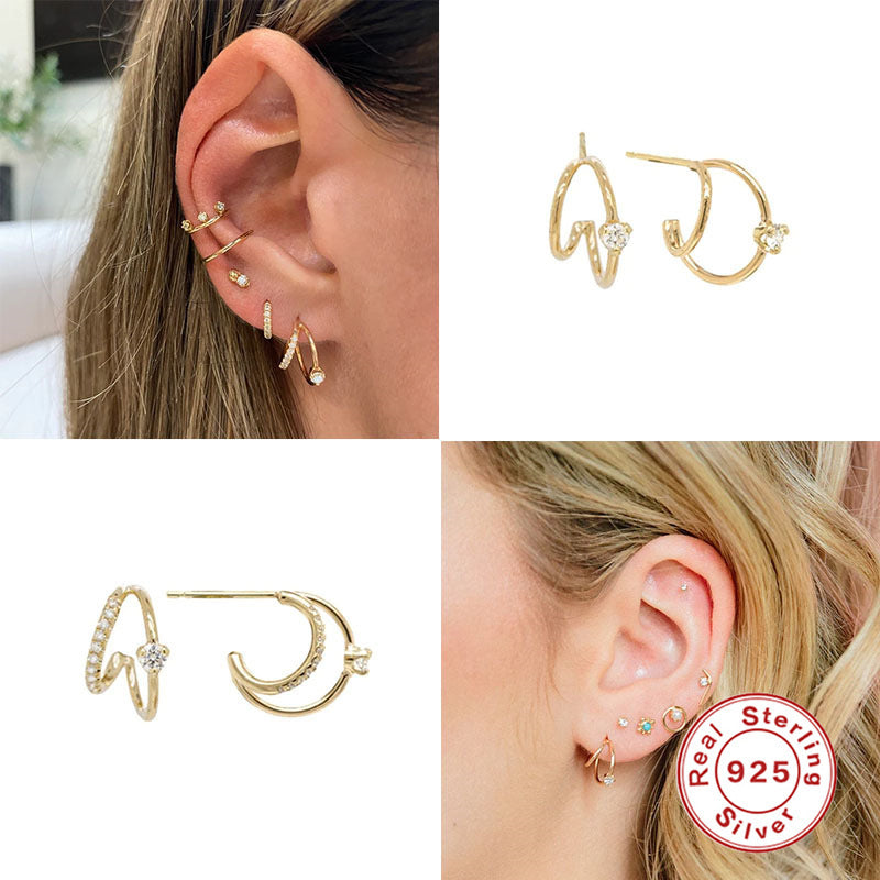 S925 Sterling Silver Layered C- Shaped Pave Claw Set Double Earrings