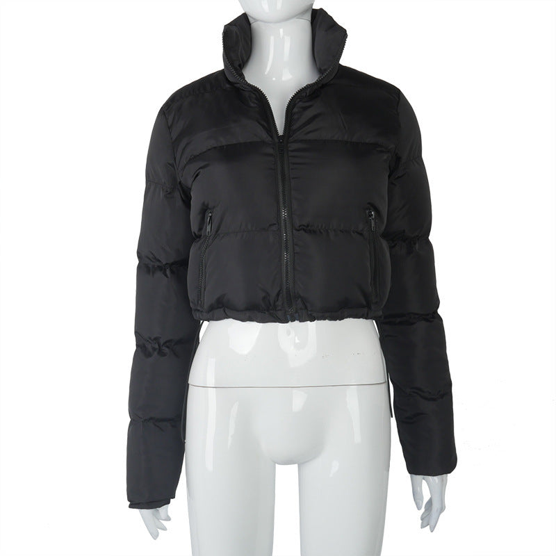 Fashion Short Coat Winter Warm Long-sleeved Stand Collar Zipper Bread Cotton Coat With Drawstring Design Women&